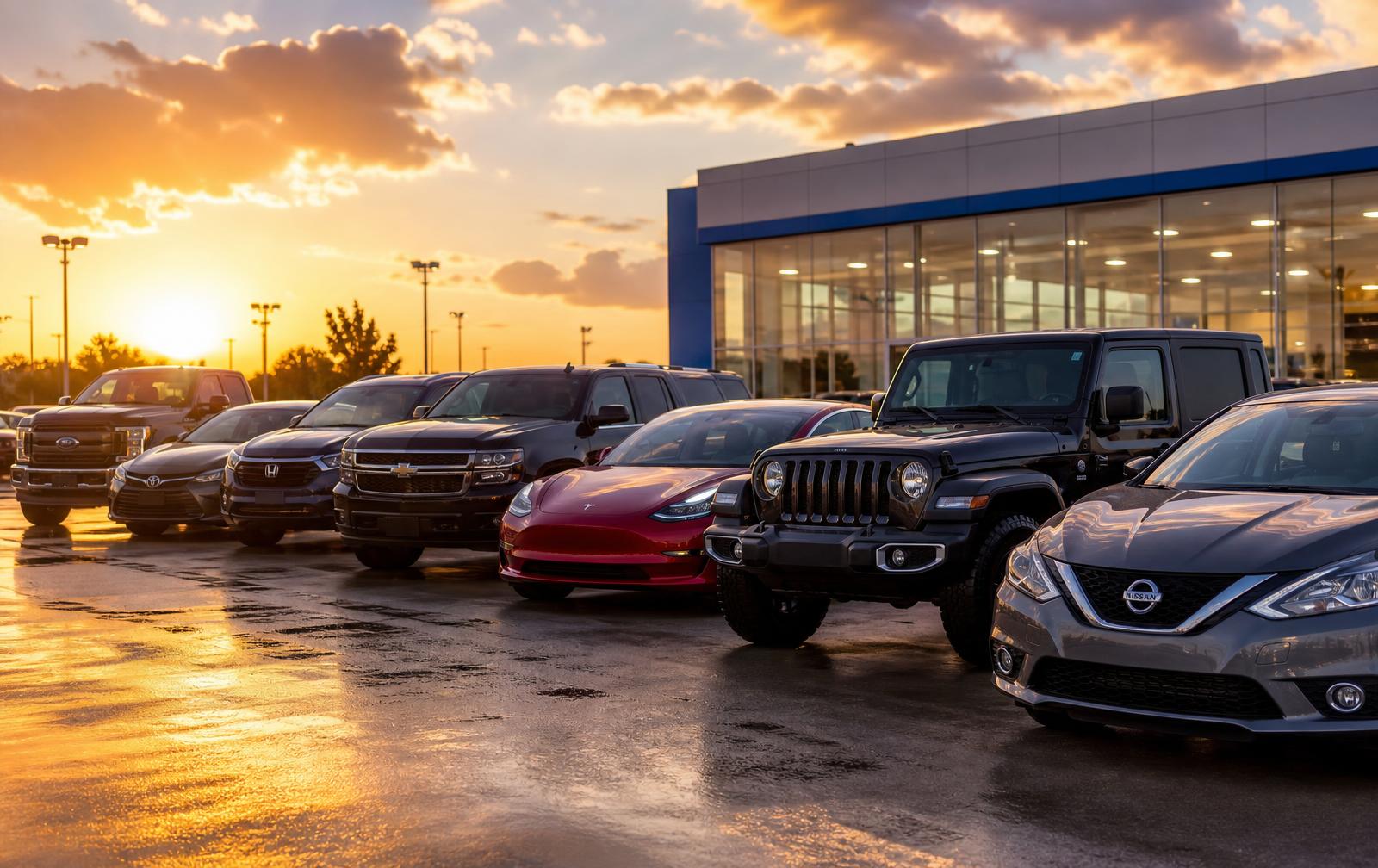 Rows of used vehicles on a dealership lot at sunset